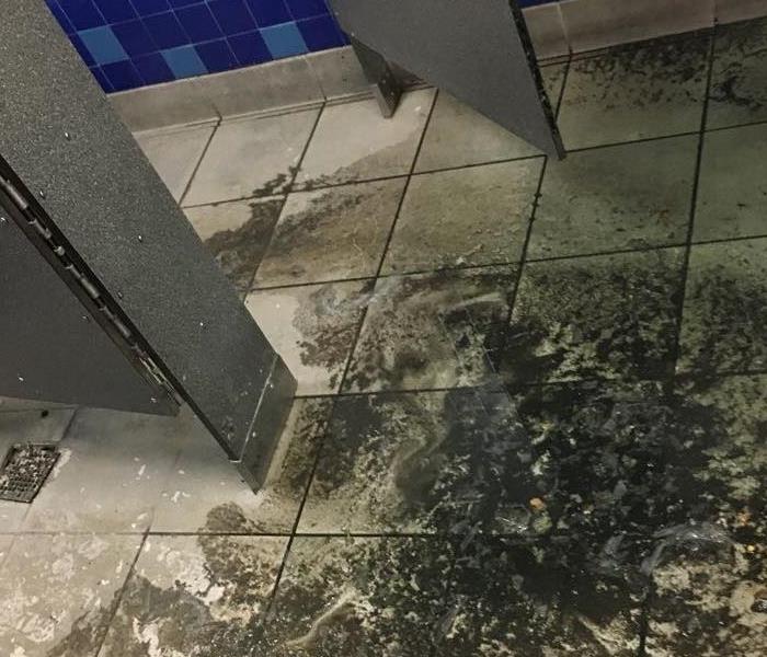Sewage leakage on the floor of public bathroom.